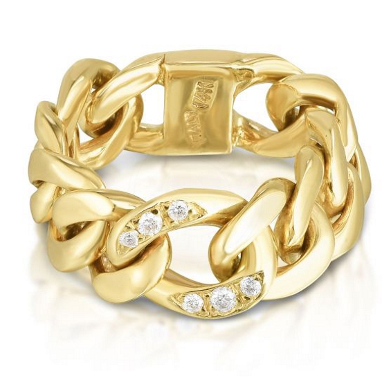 14kt Gold Yellow Finish Diamond Cut Link Ring with White Diamonds