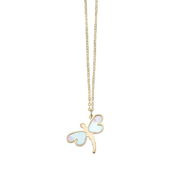 14K Rose Gold 18" Mother of Pearl Dragonfly Necklace