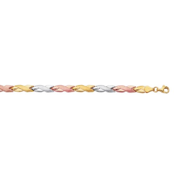 14kt Gold Textured Shiny Tri Color Hugs+Kisses Bracelet with Pear Shape Clasp