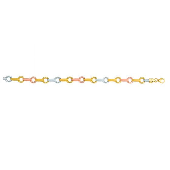 14kt Gold Textured Shiny Tri Color Bar+Round Link Fancy Bracelet with Pear Shape Clasp